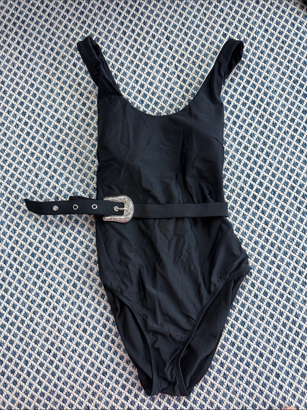 Cowgirl Summer!! Black One-Piece Swimsuit with Western Buckle Belt